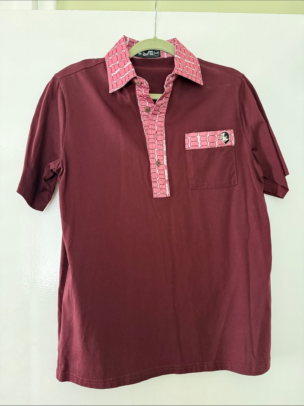 Men's Maroon Polo with Pink Contrast Collar and Trim
